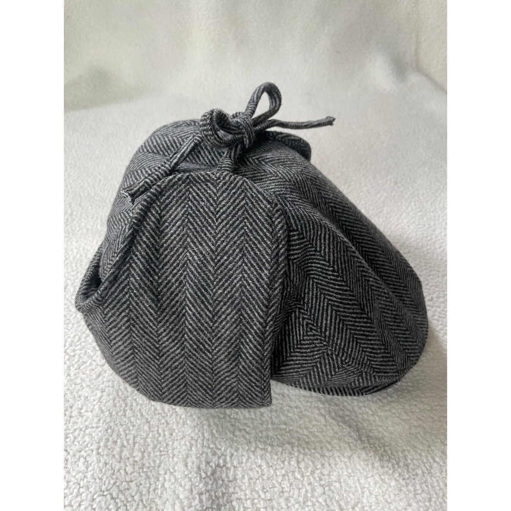 Angela & William Mens L/XL Deerstalker Hat Grey Herringbone Wool Blend IV1411